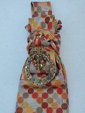 Statement Necktie Necklace with Handcrafted Brooch